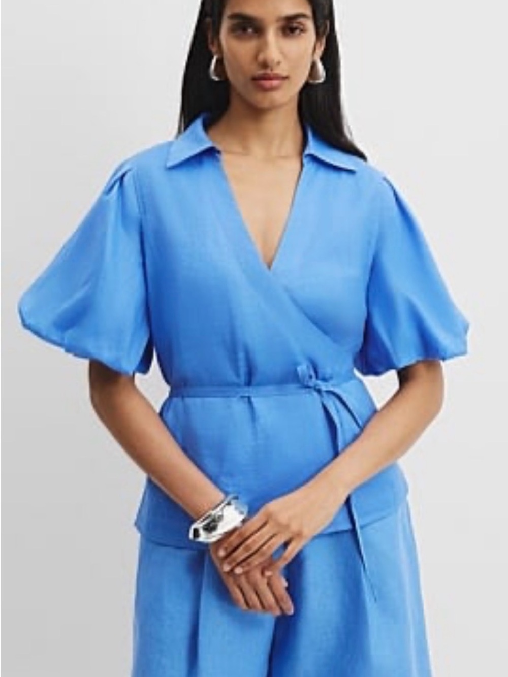 NWT Country Road Cobalt Blue Wrap-Front Puff Sleeve Blouse